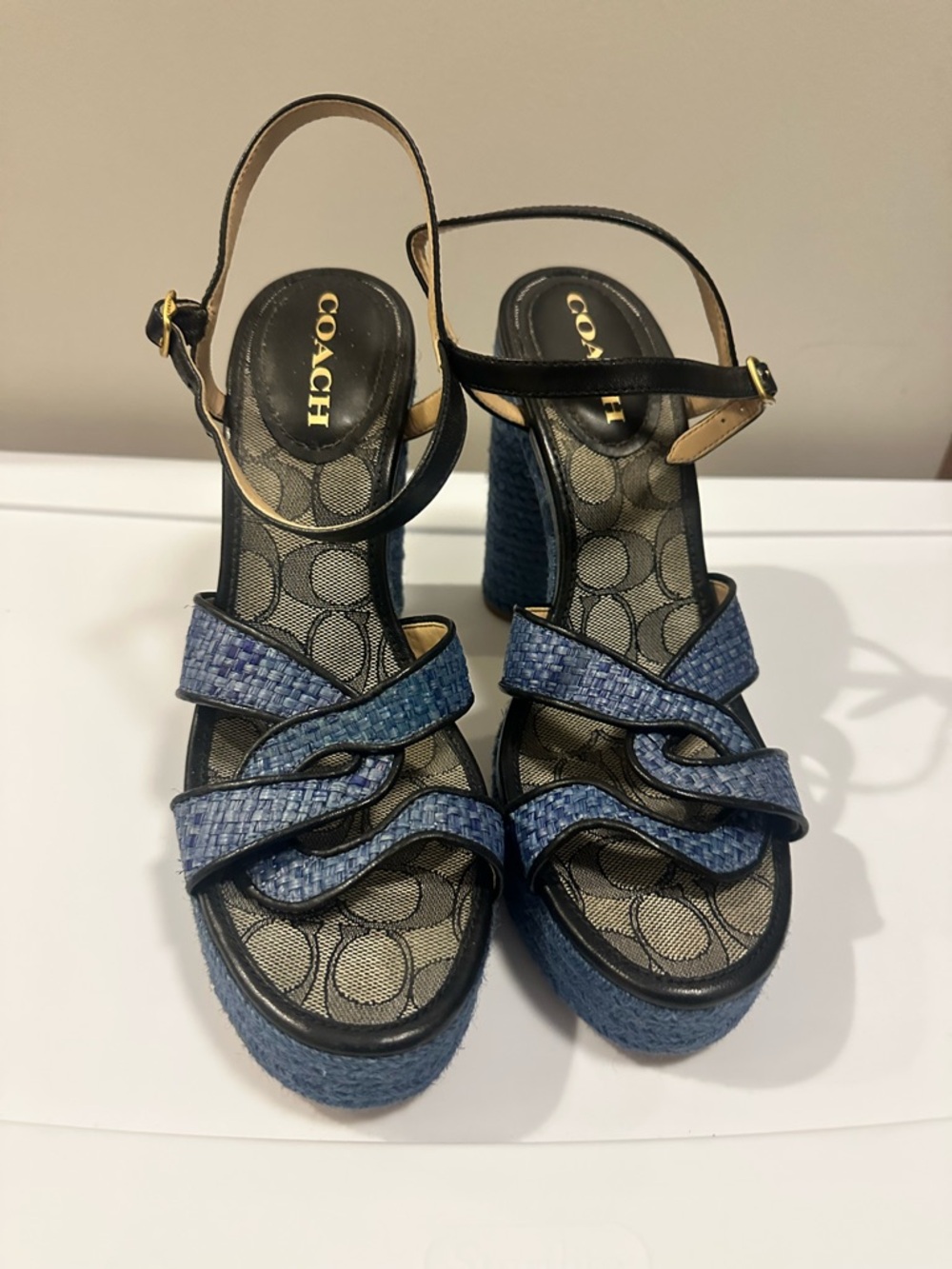 COACH Blue Woven Platform Sandals with Ankle Strap